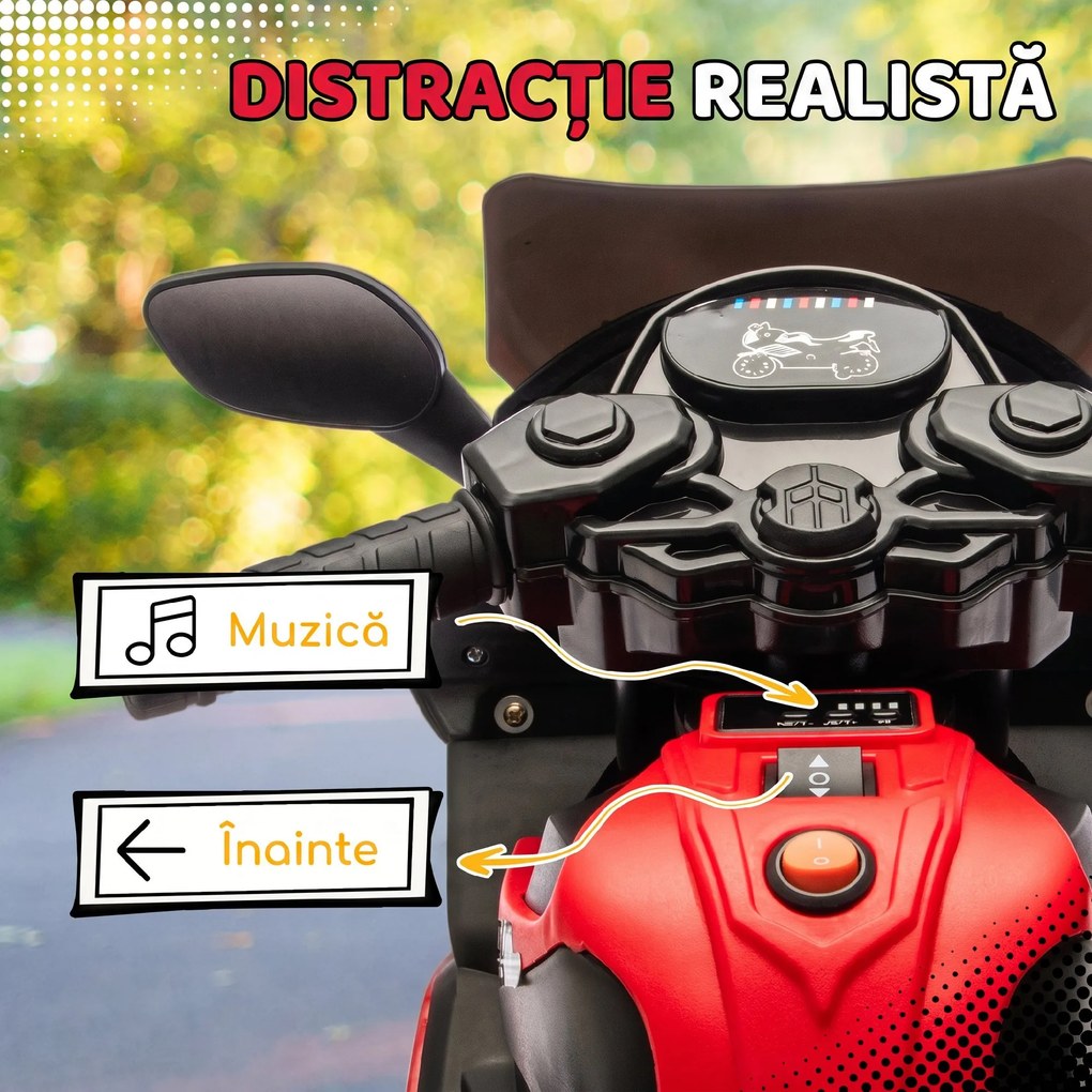 AIYAPLAY Motocicletă Electrică pentru Copii 18-36 luni, 6V, cu Roți Detașabile, Faruri și Melodii, Roșu | Aosom Romania