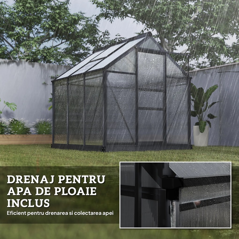 Outsunny Seră de Grădină, Seră din Policarbonat și Aluminiu cu Ușă Culisantă, Ventilație pe Acoperiș și Jgheab, 190x192x201 cm, Gri