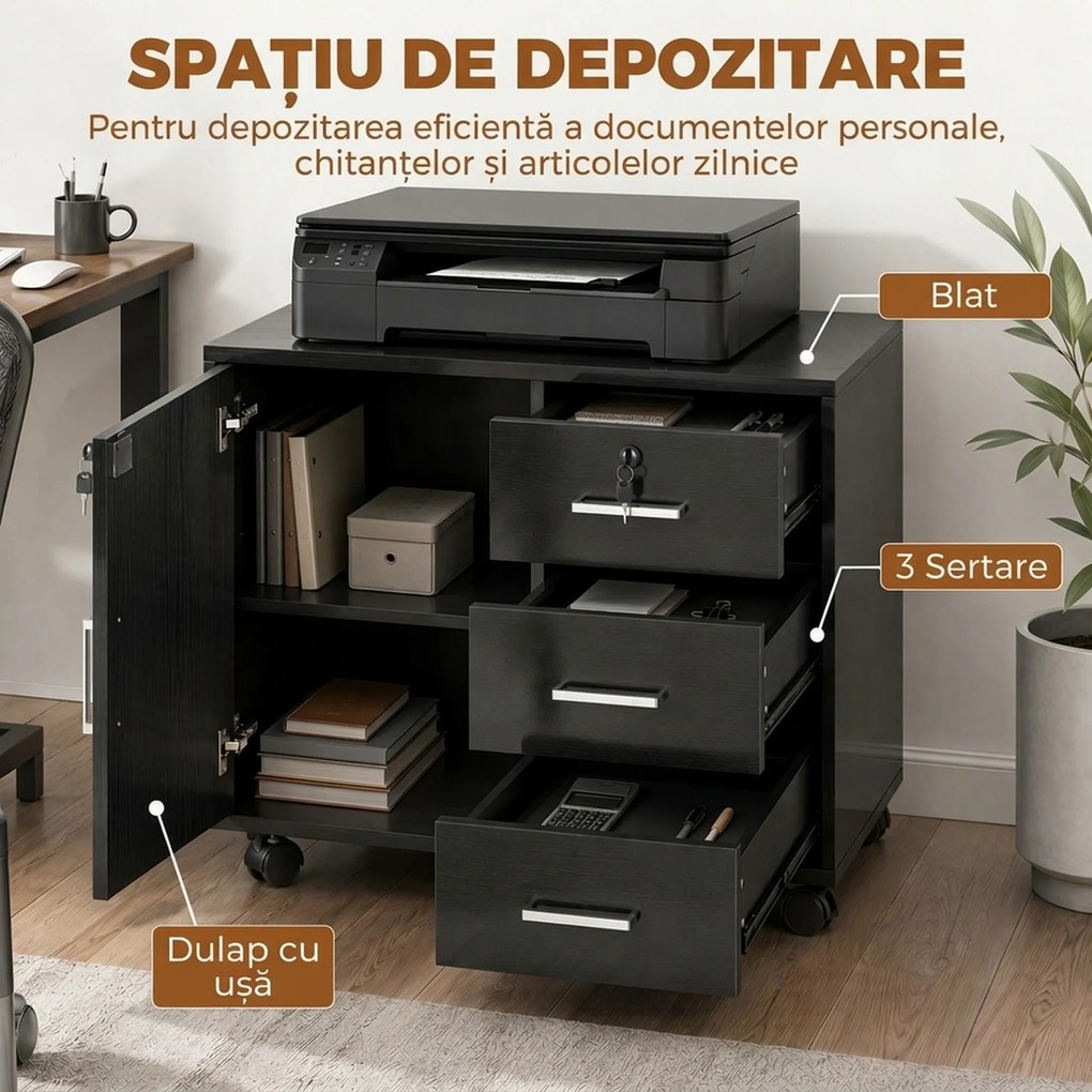 HOMCOM Dulap cu 3 Sertare, Poliță Reglabilă, Suport pentru Imprimantă și Lacăt, Negru | Aosom Romania