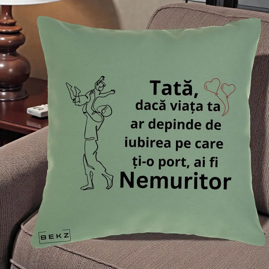 Cadou pentru Tata - Perna Personalizata Tata Nemuritor Joaca in Aer, 40x40 cm, Verde, Husa Detasabila, Perna Inclusa, BEKZ®