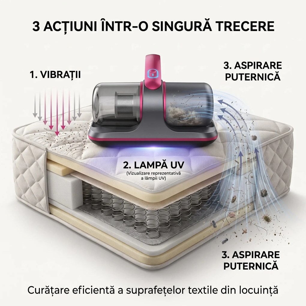 Aspirator antiacarieni wireless cu lampa UV si vibratii, pentru saltele si pat