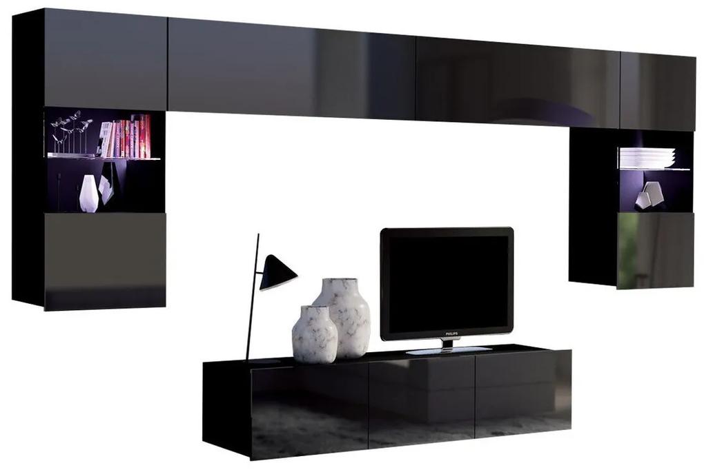 Camera de zi Providence B106Negru lucios, Negru, Cu componente suplimentare, Părți separate, Cu comodă tv, PAL laminat, 300x43cm, 97 kg