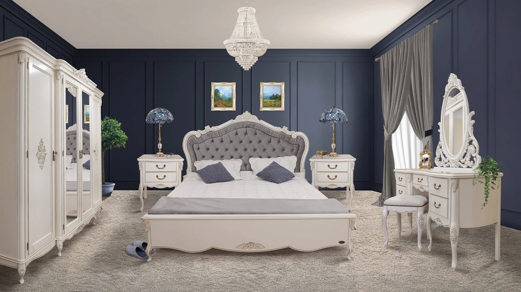 Set dormitor lemn masiv Roberta, Alb/Auriu, tapitat gri