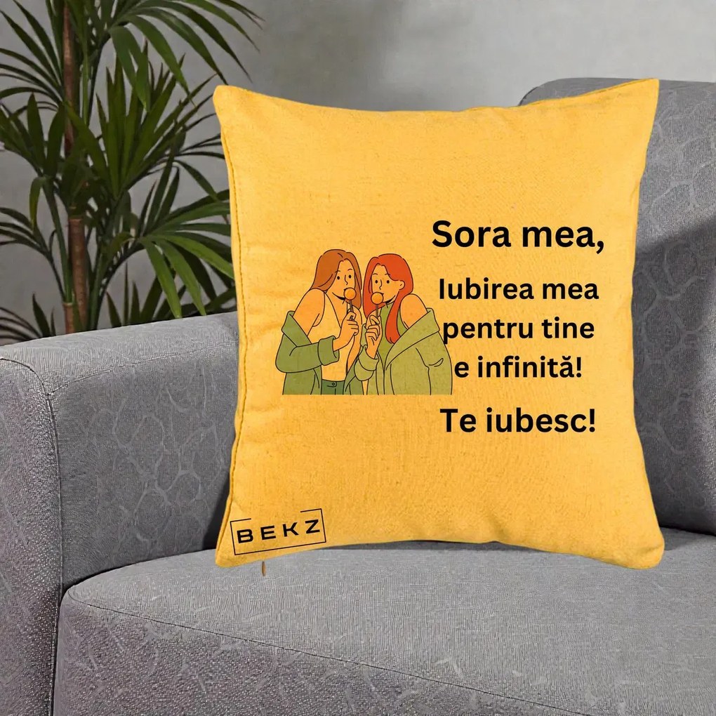 Cadou pentru Sora - Perna Personalizata Sora Mea Te Iubesc Doua Fete cu Acadele, 40x40 cm, Galben, Husa Detasabila, Perna Inclusa, BEKZ®