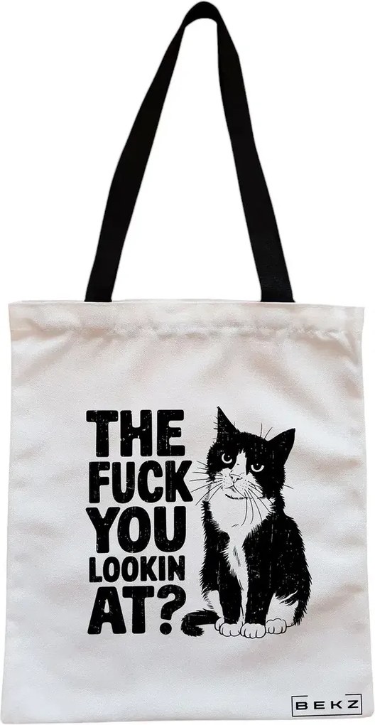 Sacosa de Panza pentru Cumparaturi, Geanta Tote, model What are you looking at?, Cu fermoar, 38x34.5 cm, Alba, BEKZ®