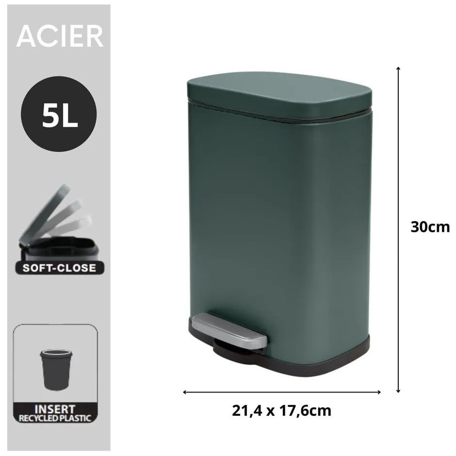 Coș de gunoi verde închis cu pedală din oțel 5 l Akira – Spirella