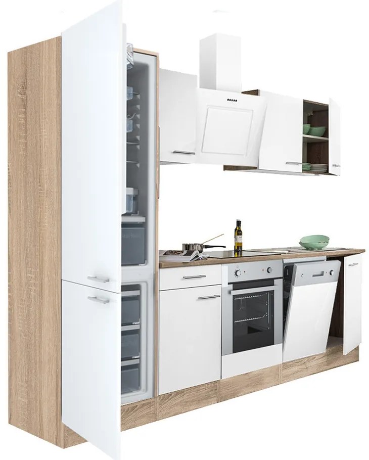 Mobilă de bucătărie Yorki 280, corp din stejar sonoma, față alb satinat, element cuptor inferior, frigider congelator inferior