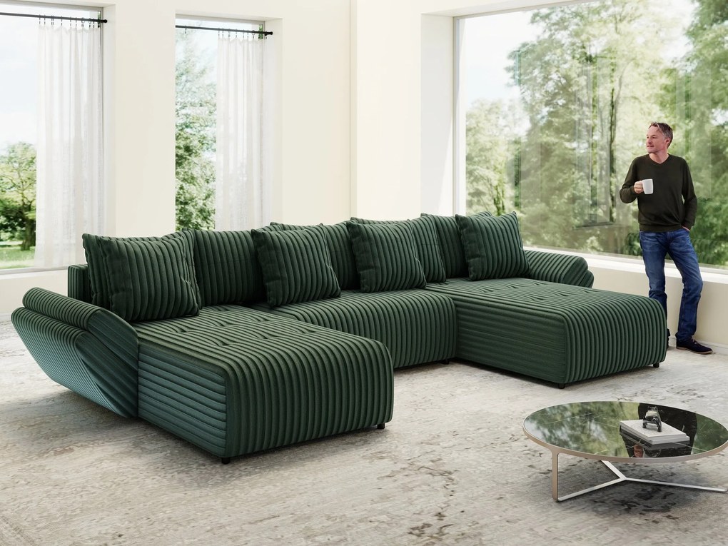 Colțar extensibil dumonde cu ladă de depozitare si sezut confortabil din spuma high-density, Berlin U Ambience Green 380x180 cm