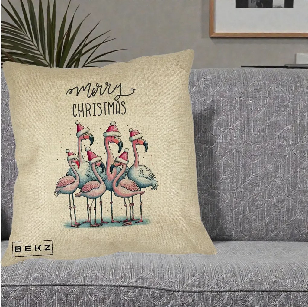 Perna Decorativa Flamingo Merry Christmas, 40x40 cm, Crem, Husa Detasabila, Perna Inclusa, BEKZ®