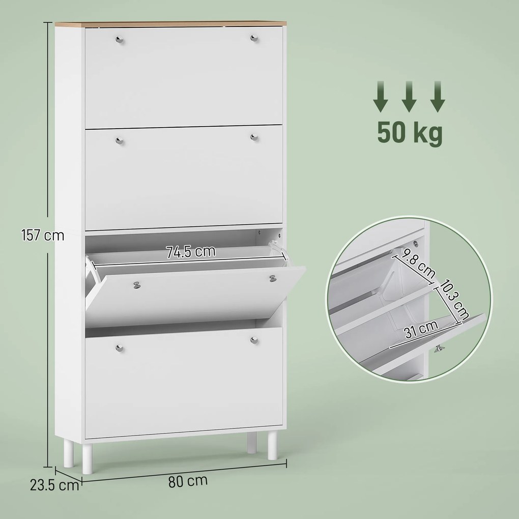 Dulap Îngust HOMCOM pentru Încălțăminte cu 4 Sertare Rabatabile, Dulap Subțire pentru Depozitarea Încălțămintei cu Rafturi Reglabile pentru Hol, Capacitate 24–32 Perechi, Alb | Aosom Romania