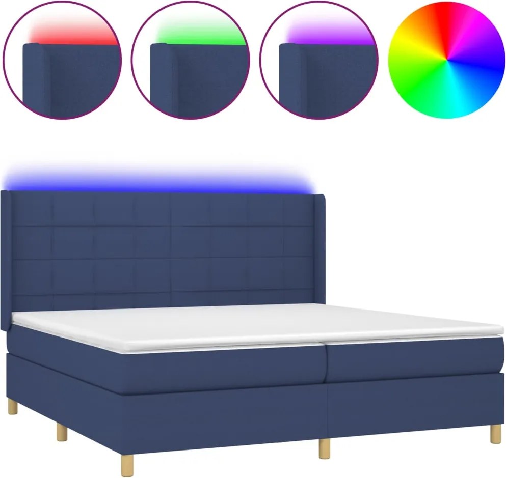 vidaXL Pat cu arcuri, saltea și LED, albastru, 200x200 cm, textil