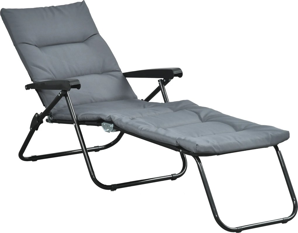 Outsunny Șezlong pliabil înclinat 6 poziții, mare confort, cu saltea + cotiere, oțel poliester gri | Aosom Romania