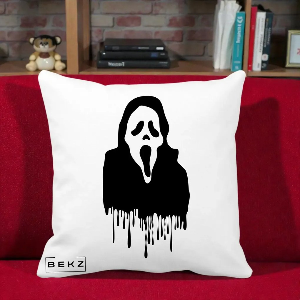 Perna Personalizata Halloween Ghostface Scream Picurand, 40x40 cm, Alba Mata, Husa Detasabila, Perna Inclusa, BEKZ®