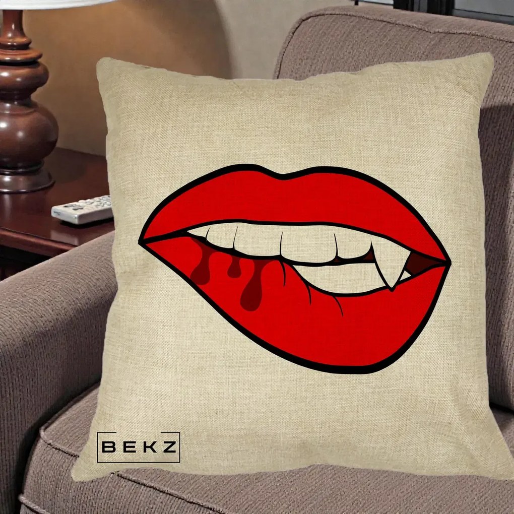 Perna Decorativa Vampire Lips Halloween, 40x40 cm, Crem, Husa Detasabila, Perna Inclusa, BEKZ®