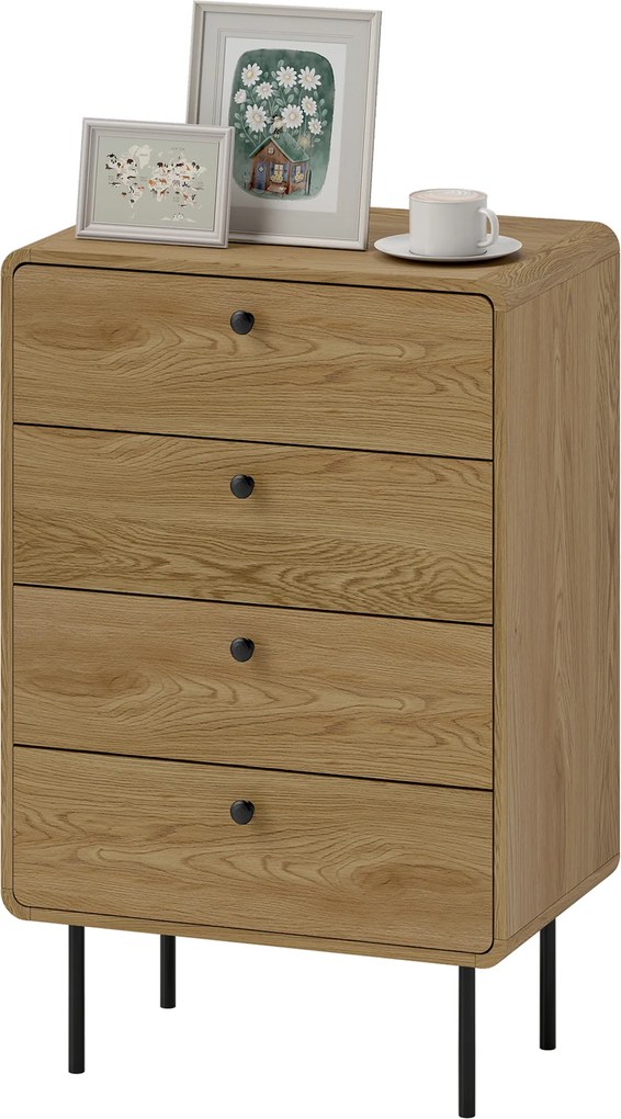 HOMCOM Comodă 4 sertare, mobilier de depozitare îngust cu picioare din oțel, colțuri rotunjite, 60 x 39 x 91,5 cm, stejar | Aosom Romania