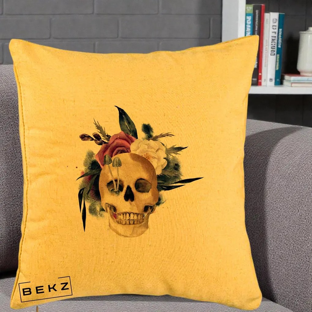 Perna Decorativa Craniu Floral cu Trandafiri si Ciuperci, 40x40 cm, Galben, Husa Detasabila, Perna Inclusa, BEKZ®