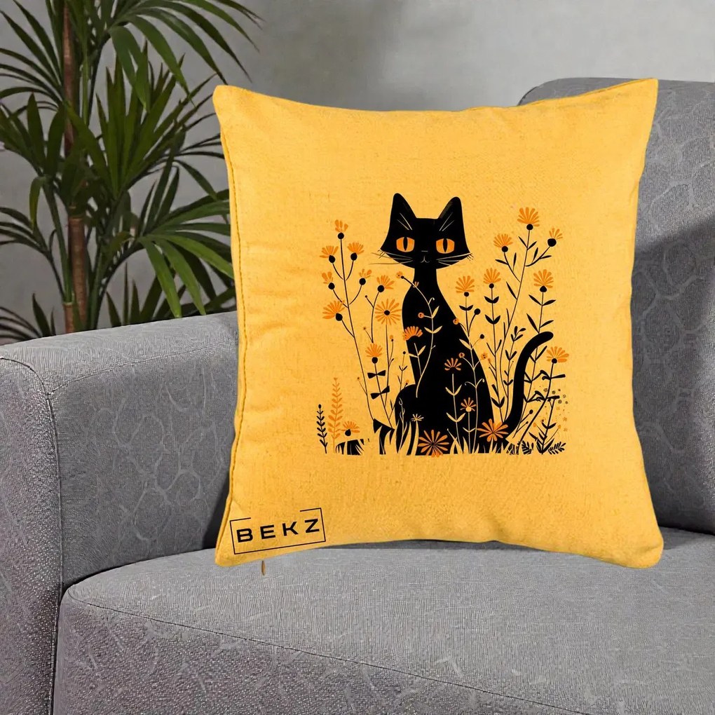 Perna Decorativa Pisica Neagra Ochi Galbeni Flori Galbene, 40x40 cm, Galben, Husa Detasabila, Perna Inclusa, BEKZ®