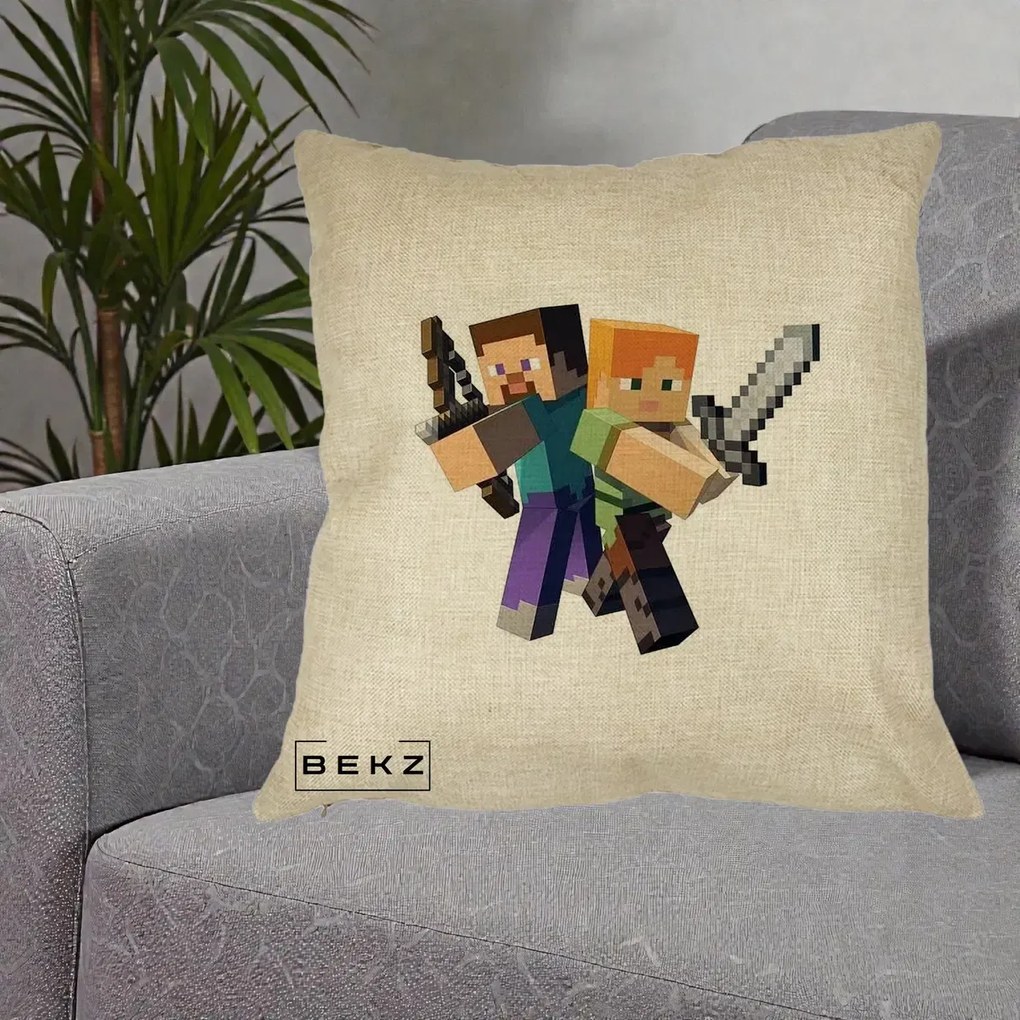 Perna Personalizata Minecraft Steve si Alex, 40x40 cm, Crem, Husa Detasabila, Perna Inclusa, BEKZ®