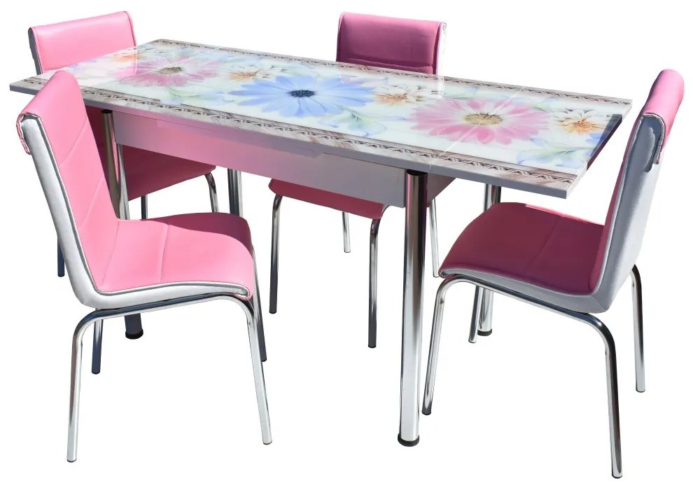 Set masa sticla 4 scaune Nr57 Pembe Mavi Cicek