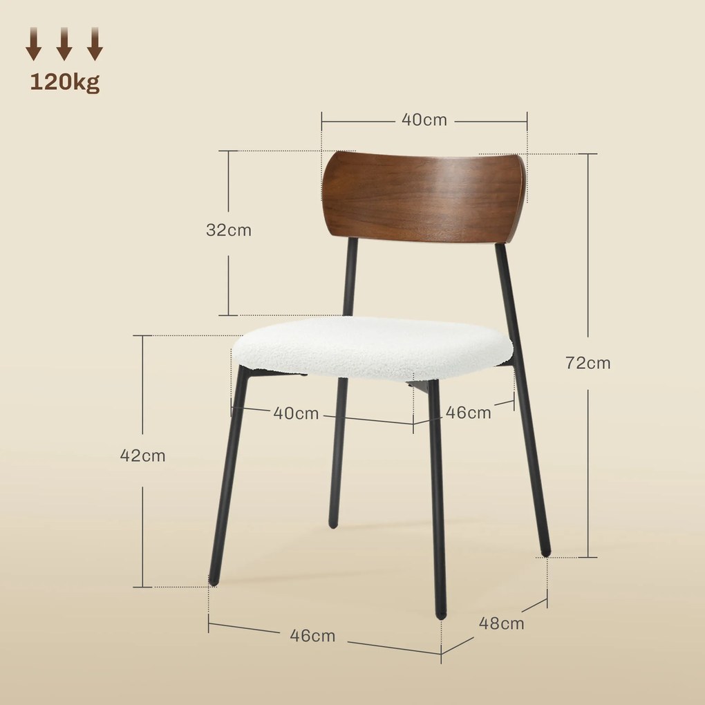 HOMCOM Set de 2 scaune de sufragerie cu șezut cu aspect de mohair, spătar curbat cu aspect de lemn, interior, crem | Aosom Romania
