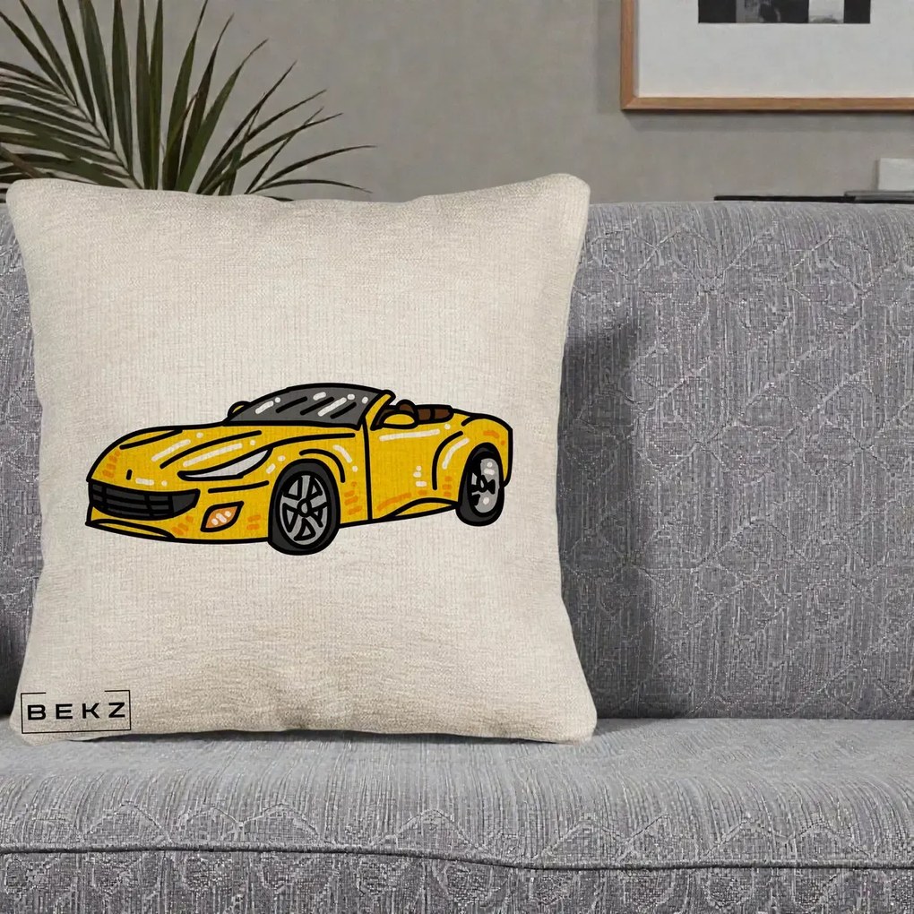 Perna Personalizata Masina Cabriolet Galbena Grafic, 40x40 cm, Bej Canapea, Husa Detasabila, Perna Inclusa, BEKZ®