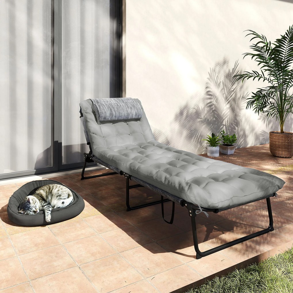 Outsunny Sezlong pliabil cu spatar inclinabil pe 4 nivele, Scaun de plaja pentru exterior cu perna, buzunar lateral,tetiera, Gri
