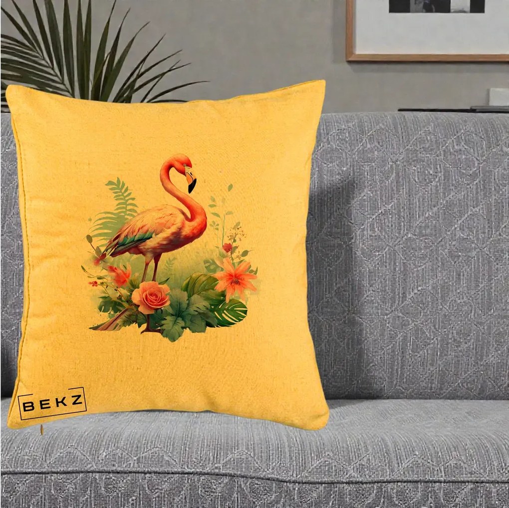 Perna Decorativa Flamingo cu Flori Tropicale Acuarela, 40x40 cm, Galben, Husa Detasabila, Perna Inclusa, BEKZ®