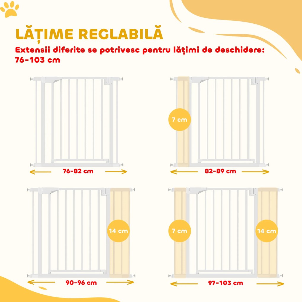PawHut Poartă de Siguranță pentru Copii și Animale, Extensibilă 96-103 cm, Înălțime 76 cm, Poartă pentru Câini, Scări și Uși, Închidere Automată, Montaj prin Presiune, Deschidere în Ambele Direcții, Alb | Aosom Romania