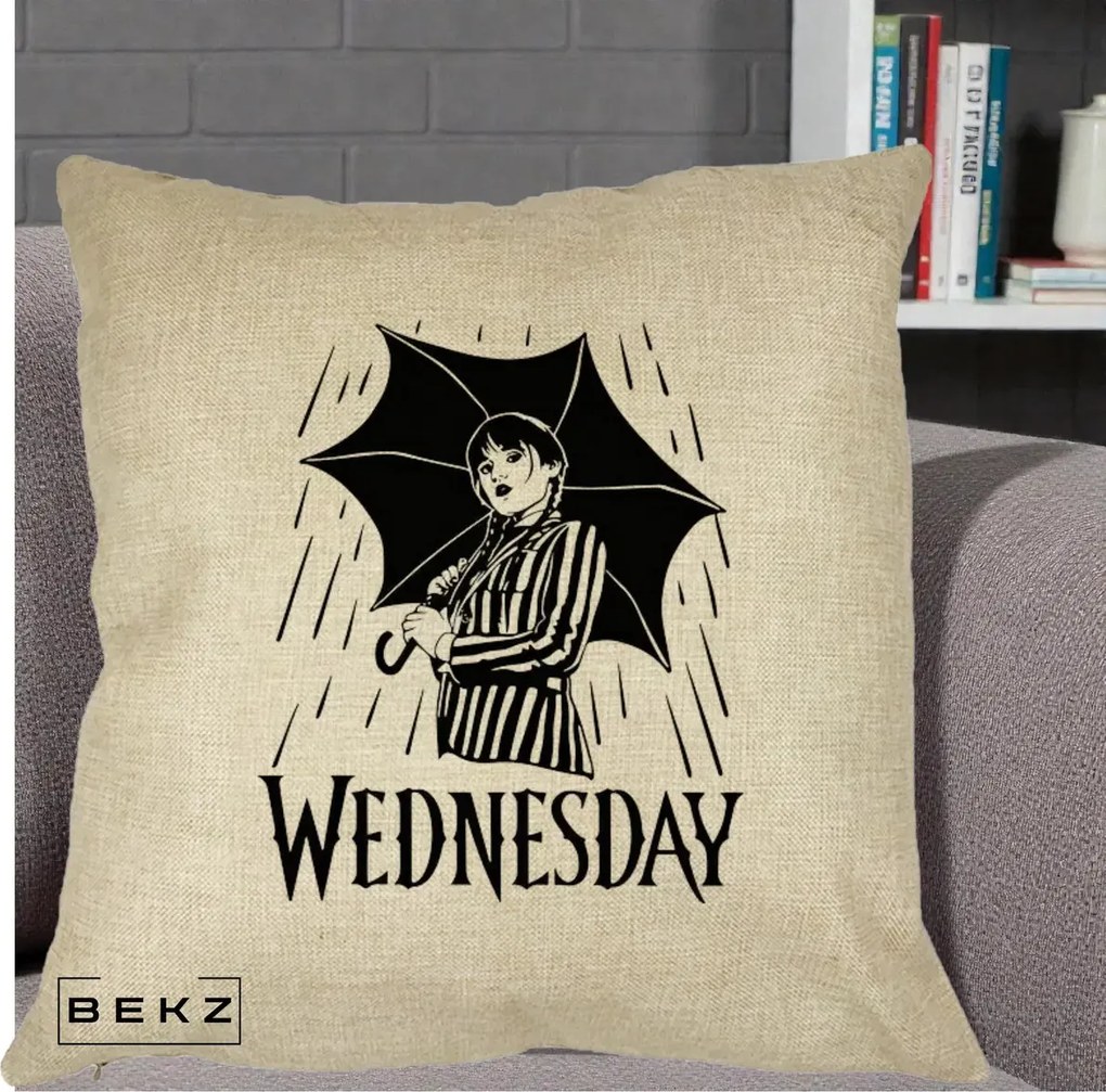 Perna Personalizata Wednesday cu Umbrela Ploaie Lineart, 40x40 cm, Crem, Husa Detasabila, Perna Inclusa, BEKZ®