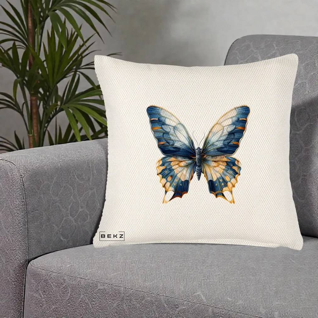 Perna Decorativa Fluture Albastru Auriu Elegant, 40x40 cm, Crem Reliefat, Husa Detasabila, Perna Inclusa, BEKZ®