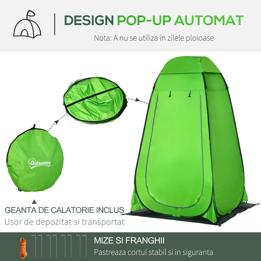 Cort de Dus Outsunny pentru Exterior cu Usa cu Fermoar, Geanta pentru Transport, 126x124x189cm, Verde | Aosom Romania