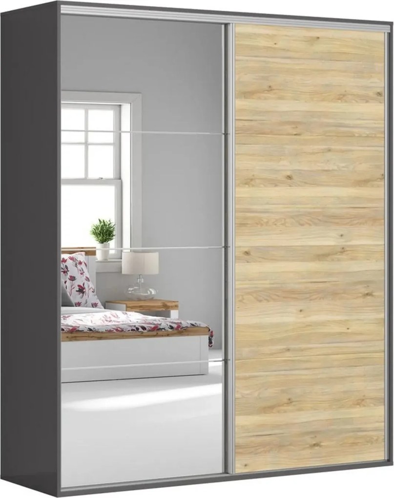 Dressing FLEX, gri grafit/stejar, PAL, cu 2 usi, 200x66x240 cm