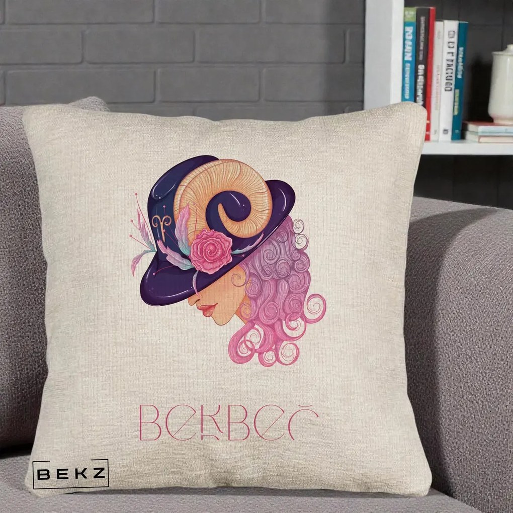 Perna Personalizata Zodie Berbec, 40x40 cm, Bej Canapea, Husa Detasabila, Perna Inclusa, BEKZ®