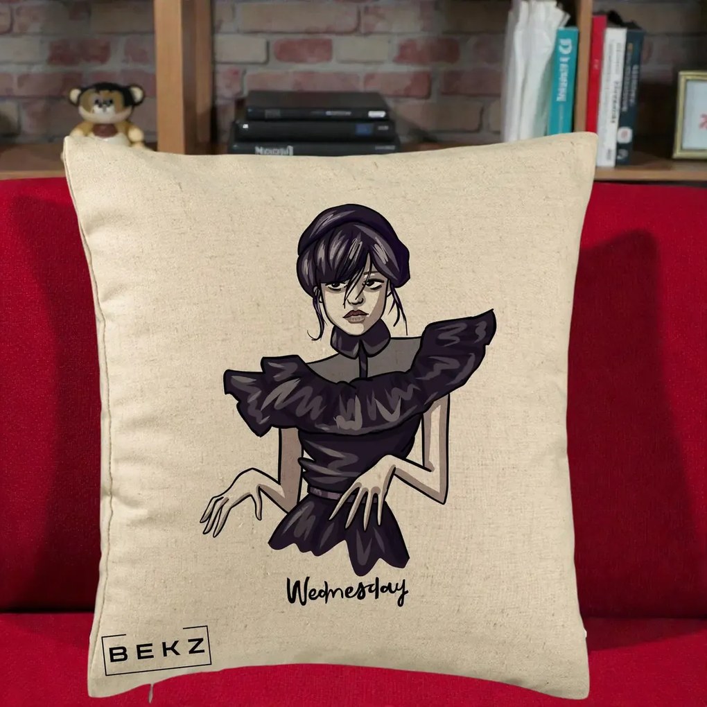 Perna Personalizata Wednesday Addams Dans Gotic, 40x40 cm, Bej, Husa Detasabila, Perna Inclusa, BEKZ®