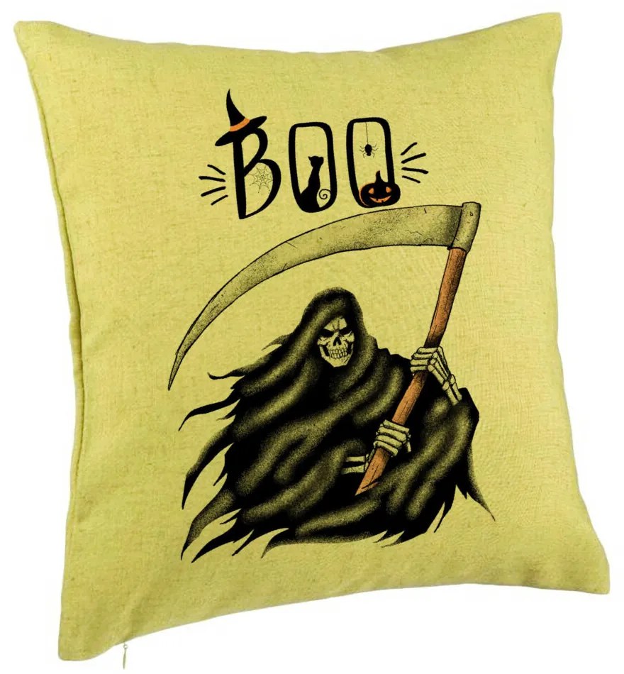 Perna Decorativa cu motiv The Grim Reaper, de Halloween, 40x40 cm, Verde, Husa Detasabila, Burduf