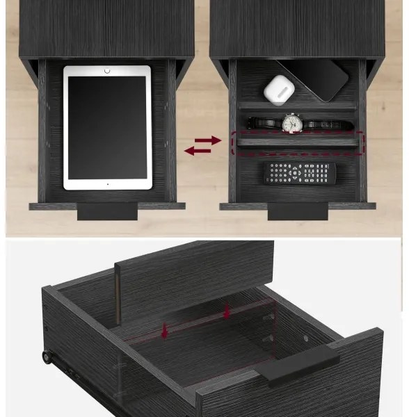 Masă laterală ROD, neagră, cu prize și porturi USB încorporate