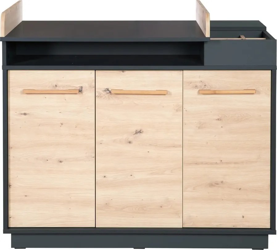 Comodă de copii gri antracit/în culoare naturală joasă cu aspect de lemn de stejar cu masă de schimbat 118x103 cm Lenn – Roba