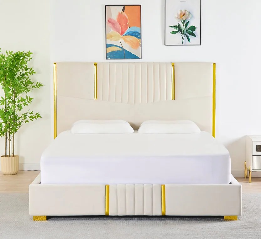 Pat Tapitat din Catifea Bej cu Somiera si Saltea ,   160x200 cm, Cod LB-215