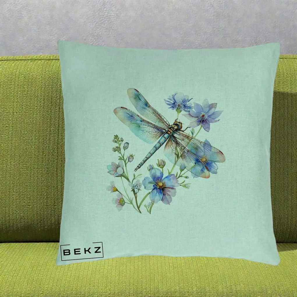 Perna Decorativa Libelula Acuarela Flori Albastre, 40x40 cm, Verde Menta, Husa Detasabila, Perna Inclusa, BEKZ®