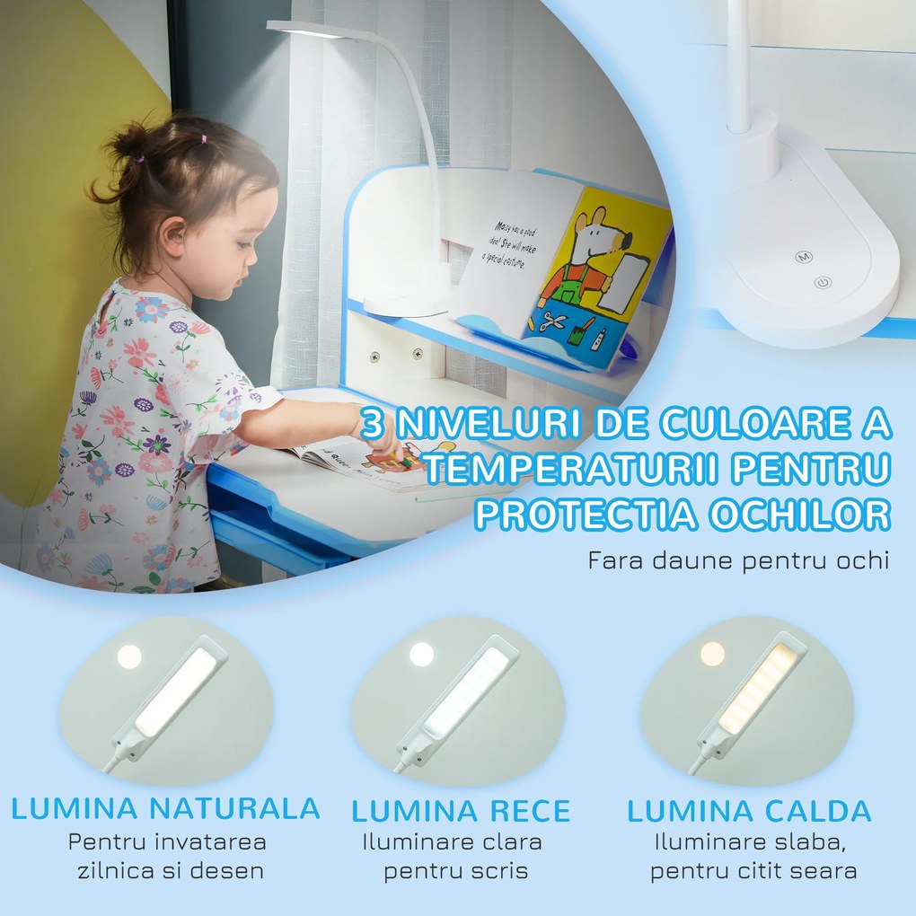 HOMCOM Birou Copii de 6-12 Ani Reglabile pe Înălțime și Blat Înclinabil 45°, 80x54,5x82-104 cm, Albastru | Aosom Romania