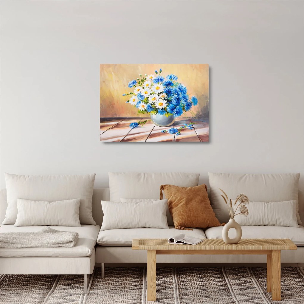 Tablou pe sticlă pictat cu vaza și flori (70x50 cm)