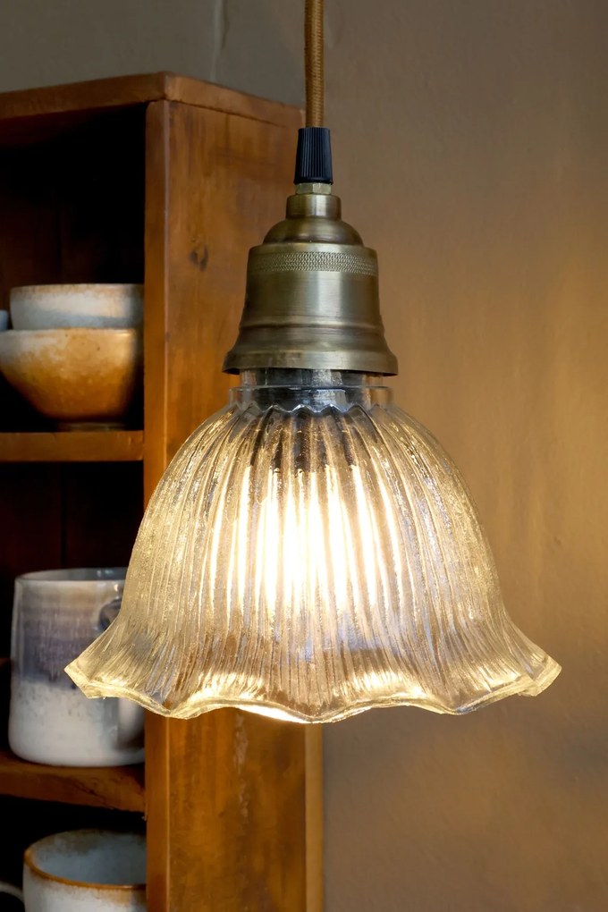 Lustră suspendată vintage din sticlă transparentă și suport din alamă antichizată, 17×18 cm, „Clochette"