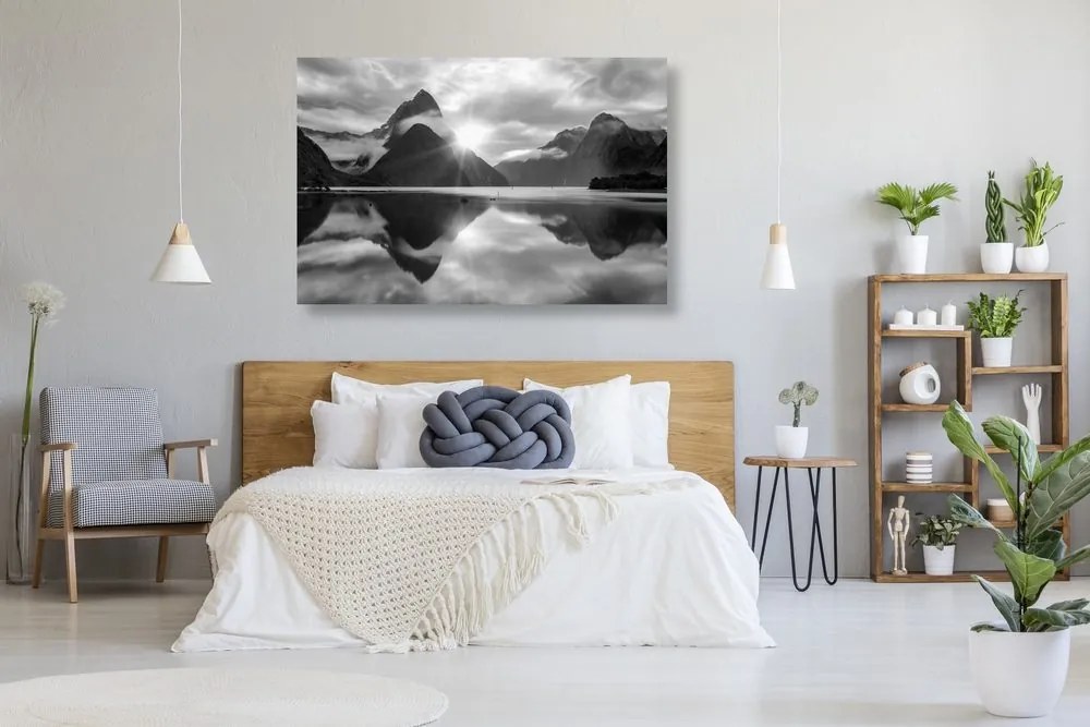Tablou răsărit de soare frumos în Noua Zeelandă în design alb-negru