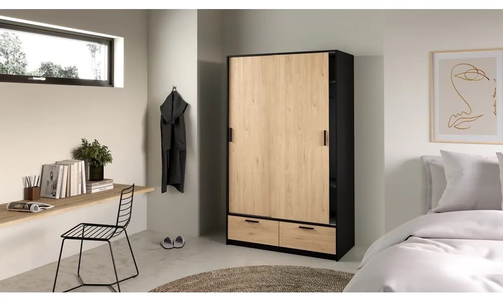 Șifonier negru/cu aspect de lemn de stejar cu ușă glisantă 121x200 cm Line – Tvilum