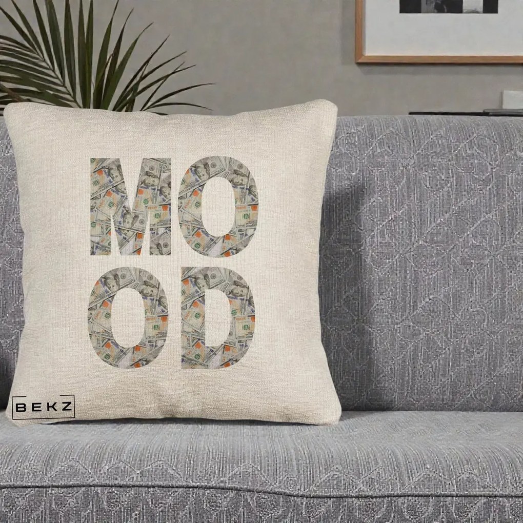Perna Decorativa MOOD Money Grafic Urban, 40x40 cm, Bej Canapea, Husa Detasabila, Perna Inclusa, BEKZ®