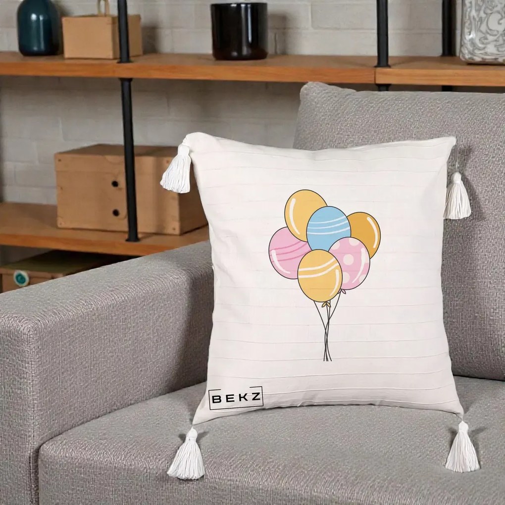 Perna Decorativa Baloane Petrecere, 40x40 cm, Bej cu Franjuri, Husa Detasabila, Perna Inclusa, BEKZ®