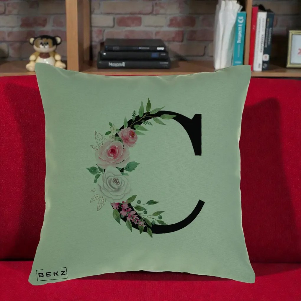 Cadou Personalizat - Perna Personalizata Monograma Florala Litera C, 40x40 cm, Verde, Husa Detasabila, Perna Inclusa, BEKZ®