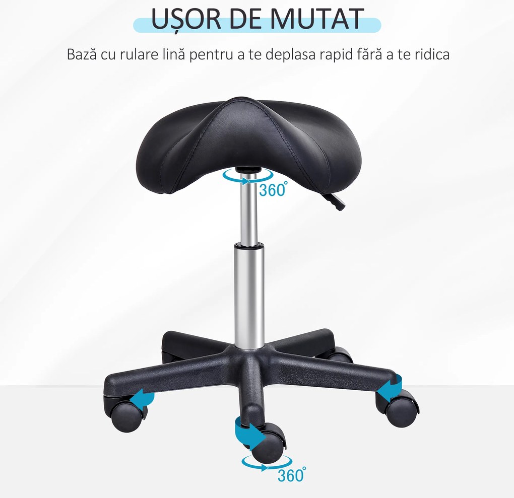 HOMCOM Scaun Rotativ cu Roți, Scaun pentru Coafor și Estetician cu Înălțime Ajustabilă, Tapițat cu Piele Ecologică, 35x38x43-55 cm, Negru
