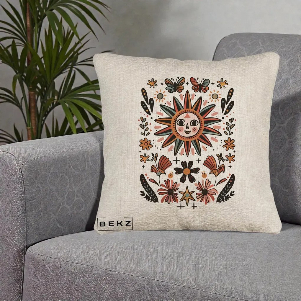 Perna Decorativa Soare Boho Folk Fluturi, 40x40 cm, Bej Canapea, Husa Detasabila, Perna Inclusa, BEKZ®