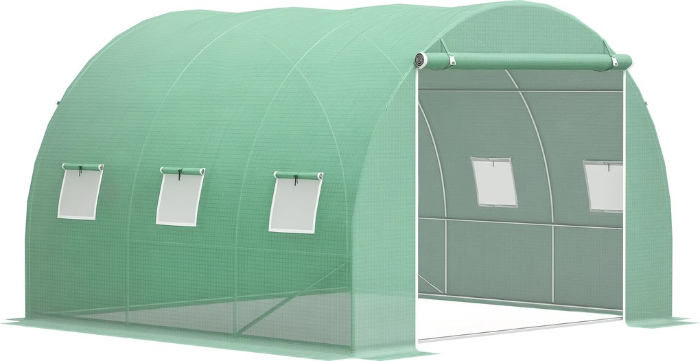 Outsunny Seră de grădină 9 m² seră tunel 3 x 3 x 2 m cu ușă cu fermoar și 6 ferestre din plasă, din oțel și PE, verde | Aosom Romania